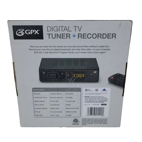 GPX TVRT149B Digital TV Tuner and Recorder Used With Box And Manual, - Picture 2 of 8